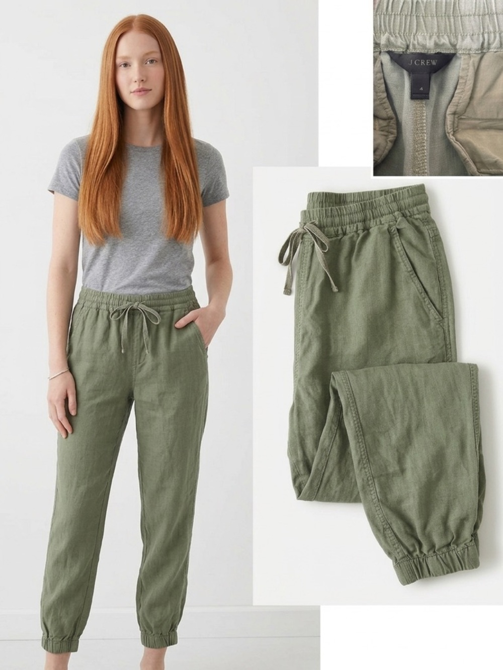 J. Crew Olive Green Linen Blend Drawstring Jogger Pants Size 4 Utility Casual
